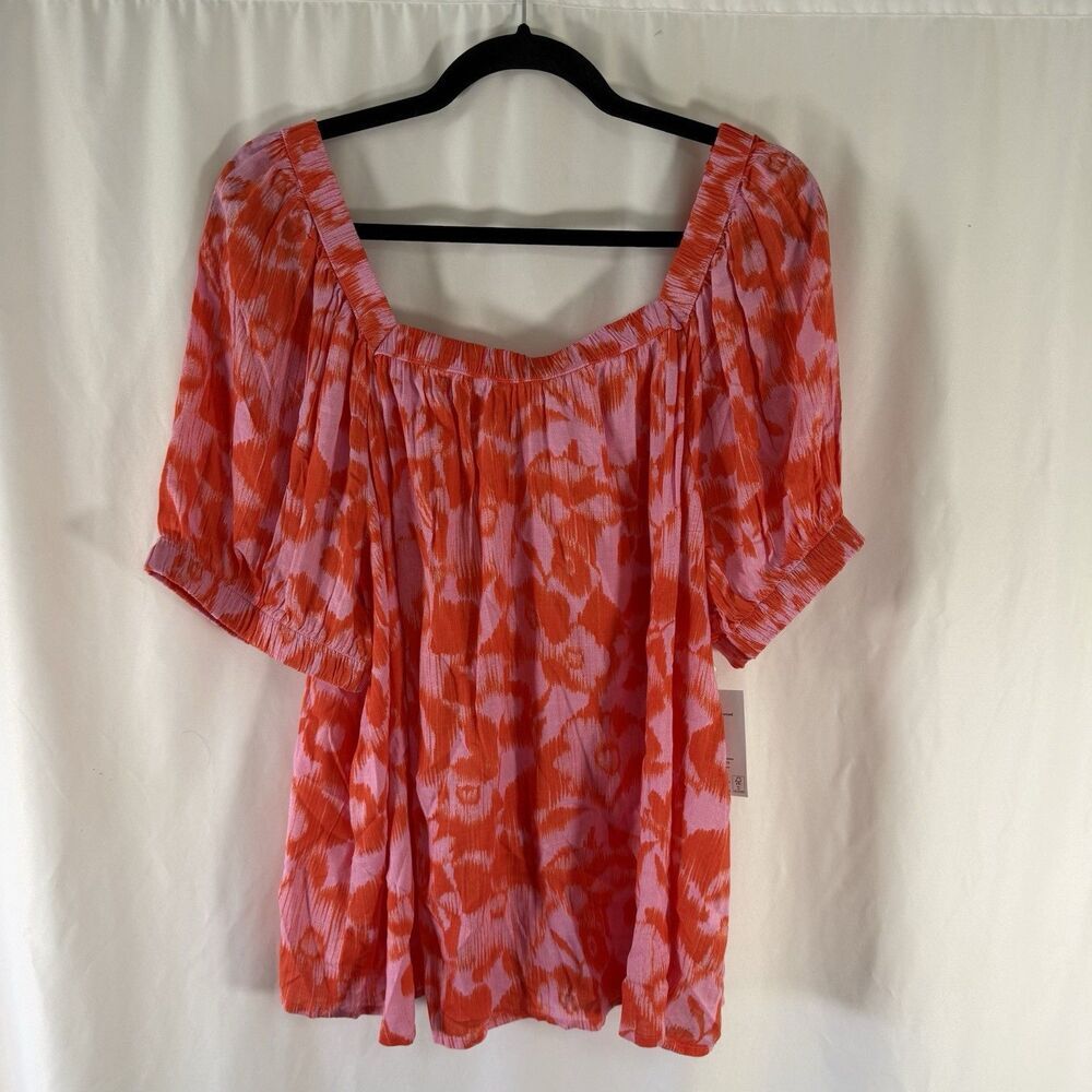 New Sonoma Blouse Women's 1X Pink Orange Square Neck Puff Sleeve Lightweight